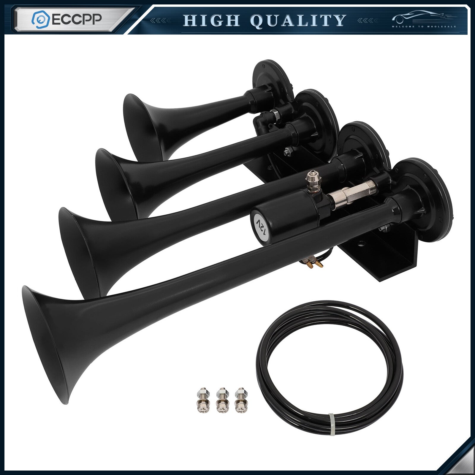 135dB 12v 4 Trumpets Solenoid Black Air Horn Kit For Truck Car SUV 6B93BC-57