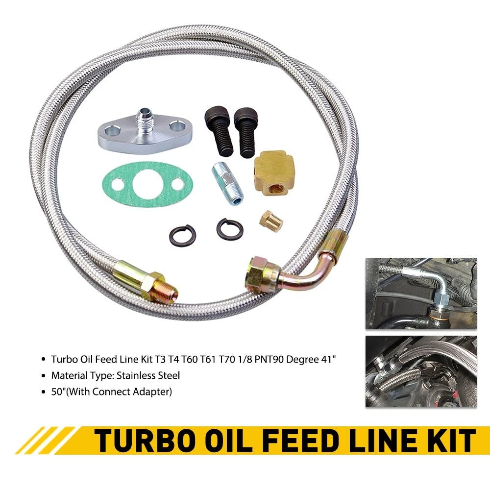 51" Length Hose 4AN Turbo Oil Feed Line Aluminum Alloy 90 Degree Straight 1/8NPT 6B93BC-57