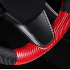 Red Carbon Fiber&Leather Steering Wheel Red Stitch Wrap Cover For Tesla Model 3