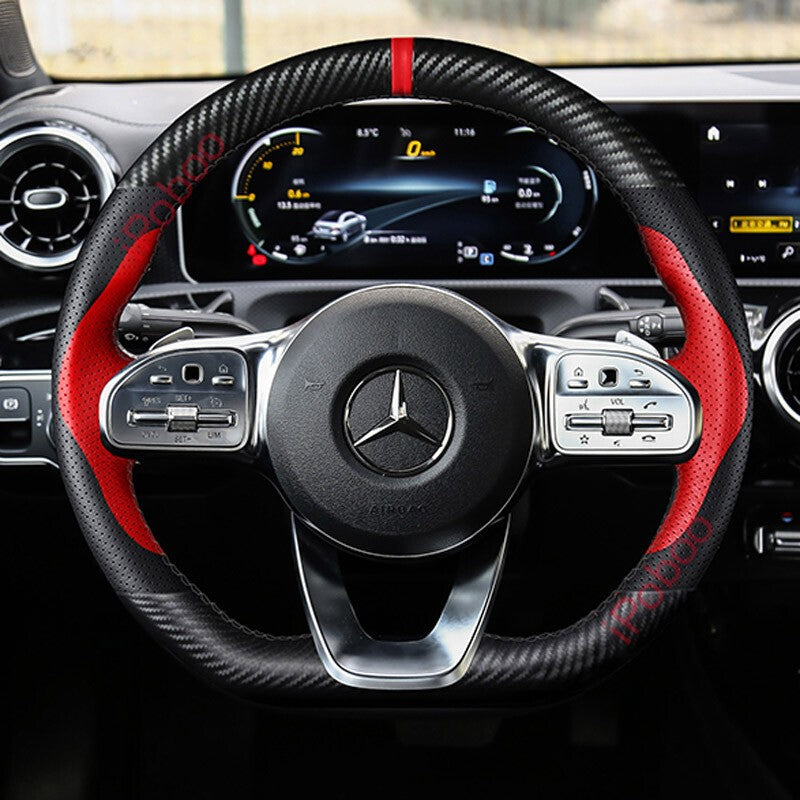 Carbon Fiber&Black Leather Steering Wheel Sewing Wrap For Mercedes Benz A-Class