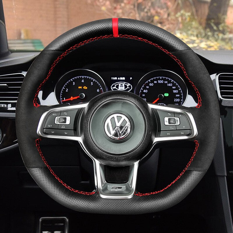 Suede&Black Hole Leather Steering Wheel Hand Sewing Wrap Cover For VW Golf R MK7
