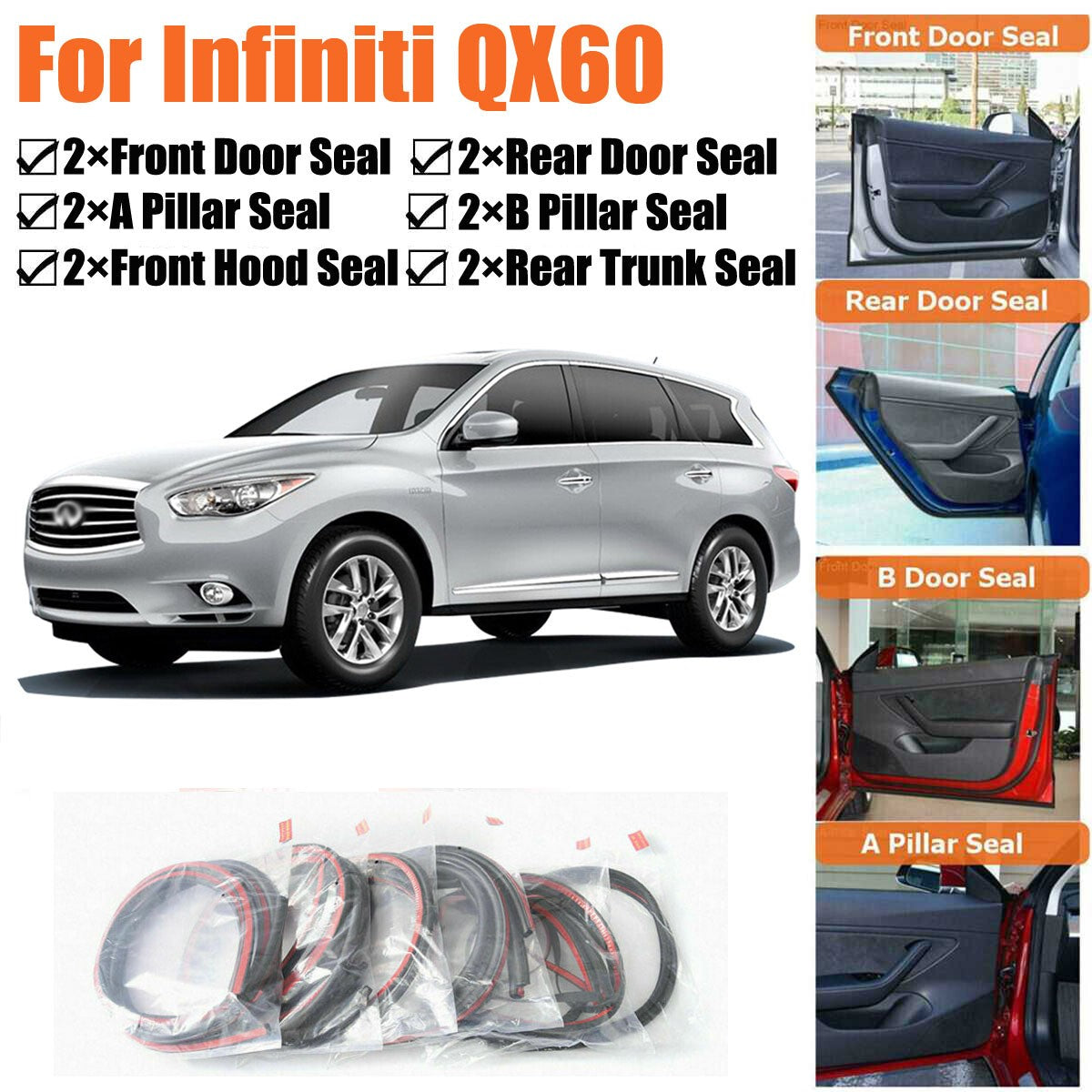 Door Rubber Seal Strips Weather Draft Wind Noise Reduction Kit For Infiniti QX60