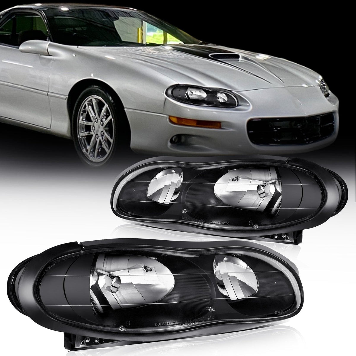 Headlights Assembly Pair for Chevy Camaro 1998-2002 Black Housing Replacement 6B93BC-57