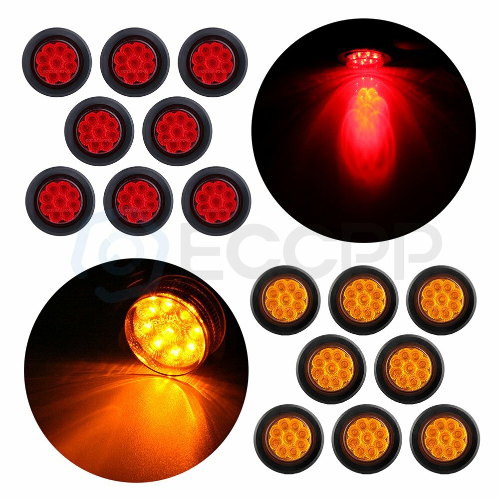 16x Red Amber 2 inch Round 9 LED Side Marker Trailer Light tail turn signal 6B93BC-57