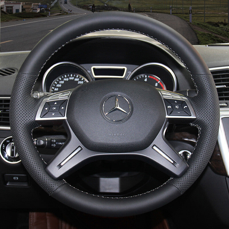 Top Black Leather Steering Wheel White Stitching Wrap Fit For Mercedes GL350