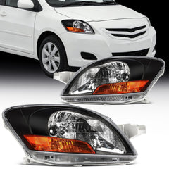 Pair Kit Halogen Headlights Assembly For 2007-2011 Toyota Yaris 1.5L Black Amber 6B93BC-57