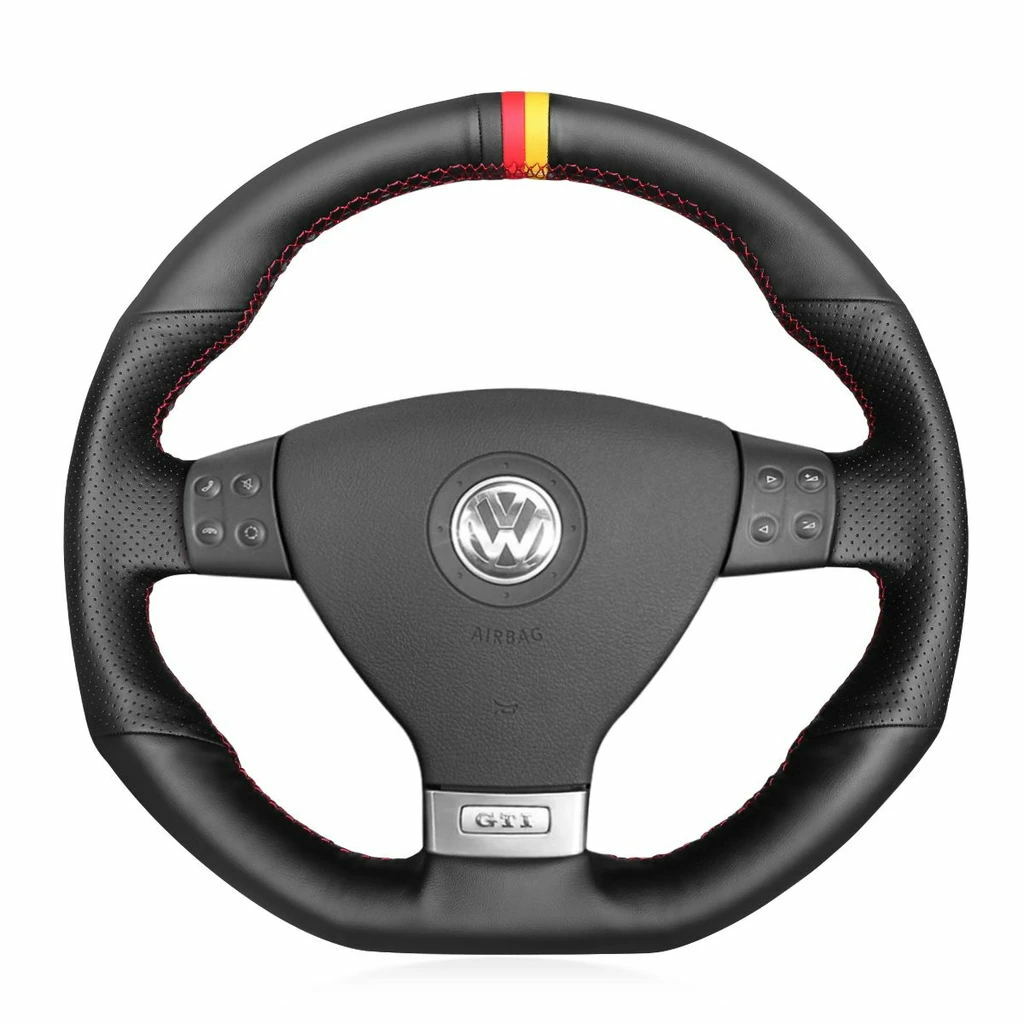 Black Leather Steering Wheel Hand-stitch on Wrap Cover For VW Golf 5 Mk5 GTI R