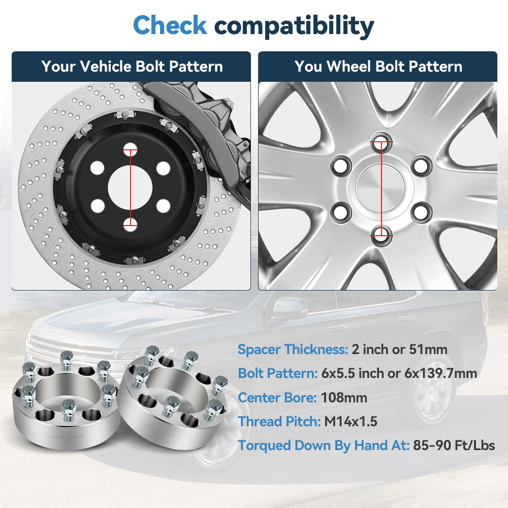 (2) 2" Wheel Spacers 6x5.5 14x1.5 Fits Chevrolet Silverado 1500 GMC K1500 K2500 6B93BC-57