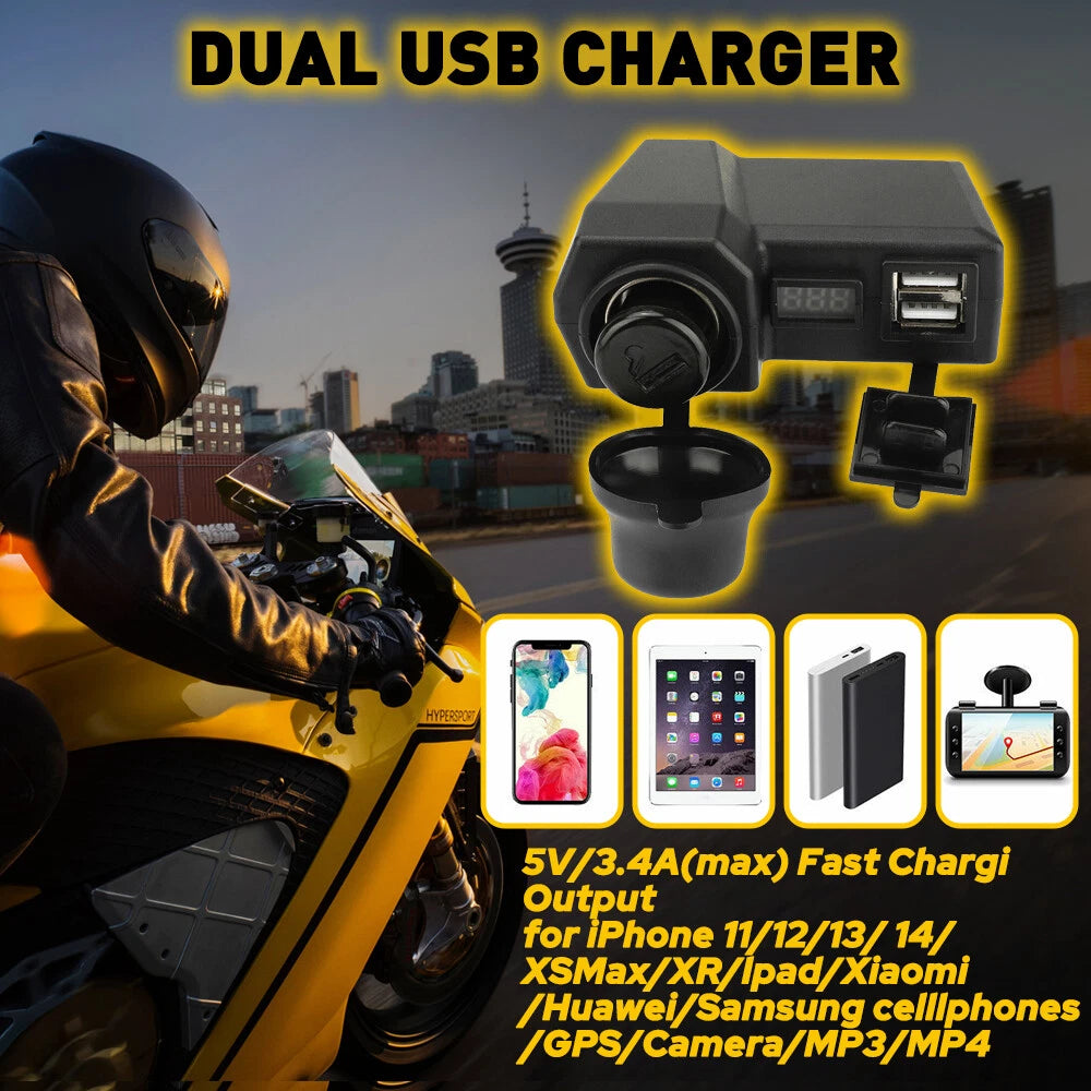 Motorcycle Handlebar Cigarette Lighter Socket Dual USB Charger W/ LED Voltmeter 6B93BC-57