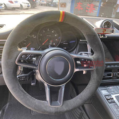 Black Suede Leather Steering Wheel Black Stitch Cover Fit For Porsche Cayenne