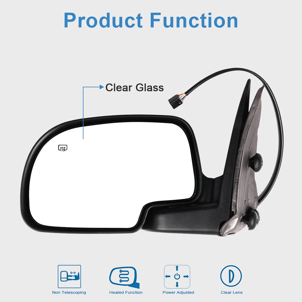 Driver Side Power Heated Tow Mirror For 2000-2002 Chevy GMC Black Smooth 6B93BC-57