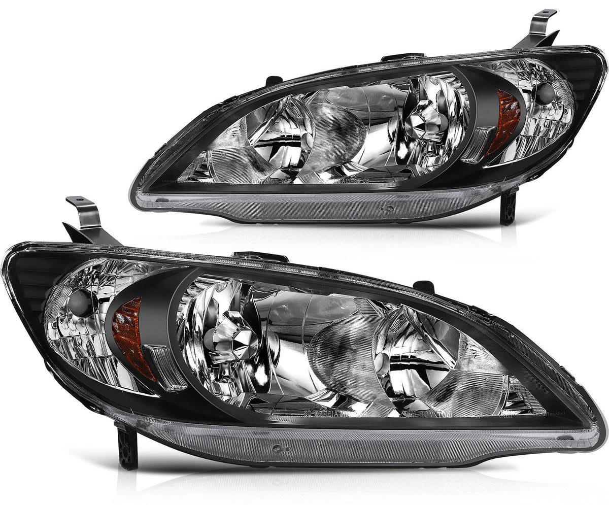 Pair Kit Halogon Black Headlights Assembly For 2004-2005 Honda Civic Black 6B93BC-57