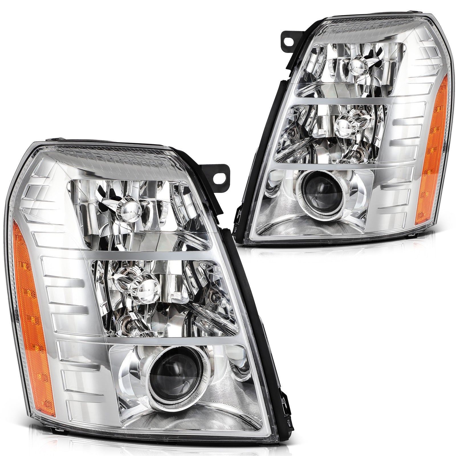 Pair Kit Headlights Assembly For 2009-2014 Cadillac Escalade 6.2L Chrome Amber 6B93BC-57
