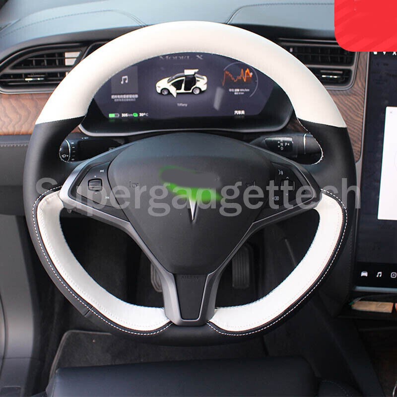 DIY White&Black Leather Steering Wheel Stitch Wrap Cover For Tesla Model X/S