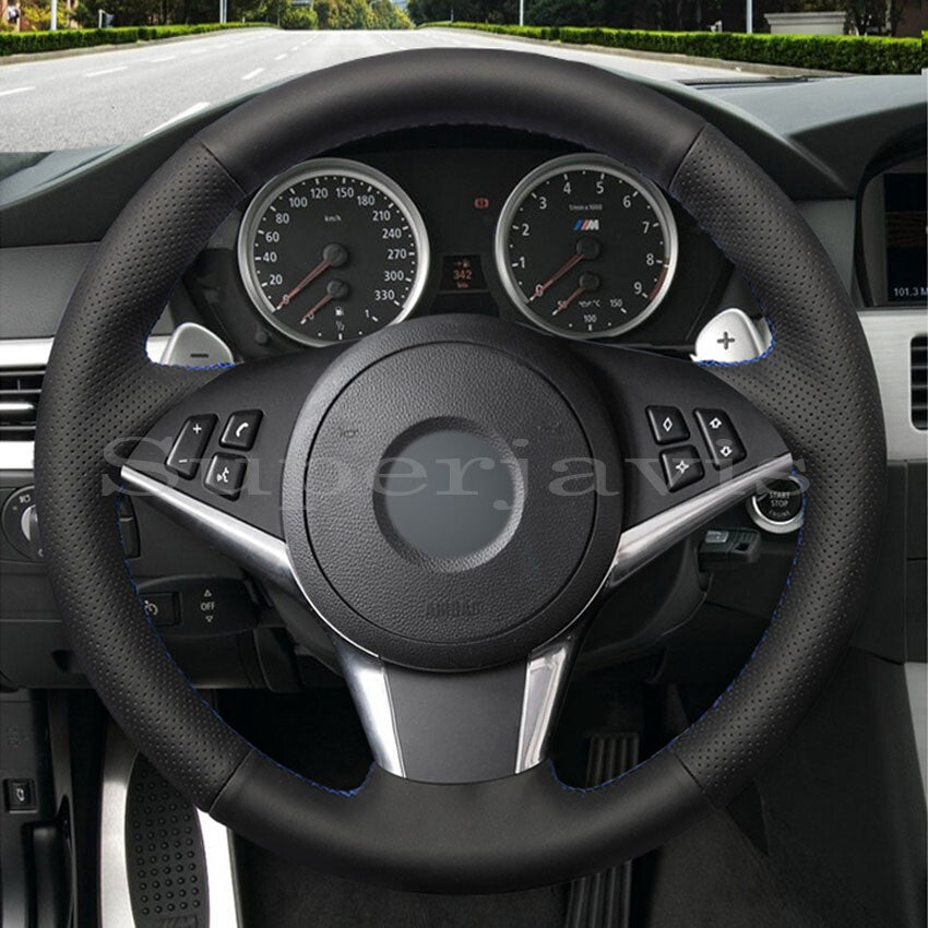Black Perforated Leather Hand Sew Wrap Steering Wheel Cover for BMW E60 E61 530d