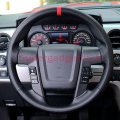 Black &Hole Leather Steering Wheel Red Stitch Wrap Cover For Ford F-150 2010-14