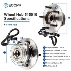 1P Wheel Hub Bearing Front 4WD For 1997-1999 2000 Ford F150 12x1.75 Studs w/ ABS 6B93BC-57