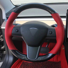 Carbon Fiber&Red Leather Steering Wheel Hand Sewing Wrap For Tesla model 3 Y