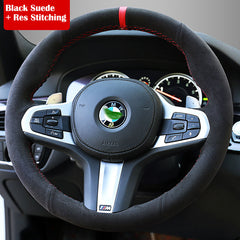 All Black Suede Leather Steering Wheel Hand-stitch on Wrap Cover For BMW G30 G31