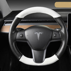 White&Black Hole Leather Steering Wheel Red Stitch Wrap Cover For Tesla Model 3