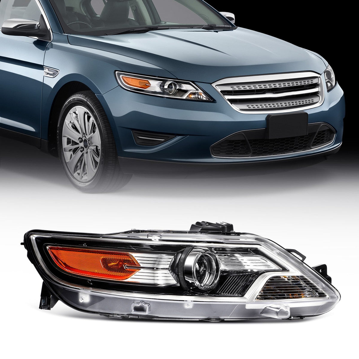 Passenger Right Side Headlight For 2010-2012 Ford Taurus 3.5L Black Amber 6B93BC-57