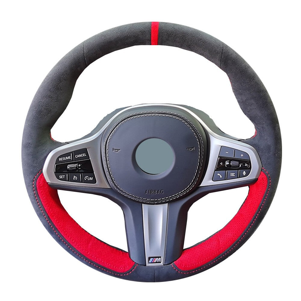Black Red Suede Leather Steering Wheel Hand-stitch on Wrap Cover For BMW X5 G05