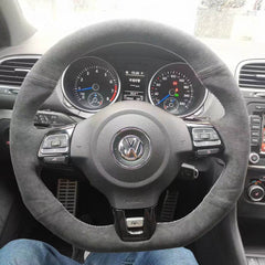 Black Suede Leather Steering Wheel White Thread Stitch-on Wrap For VW Golf MK6