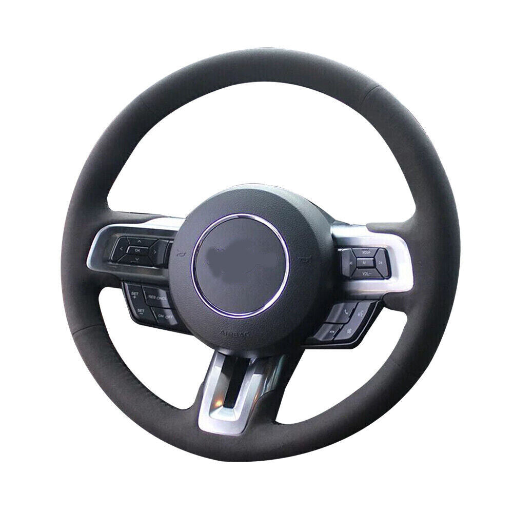Black Suede Leather Steering Wheel Red Stitch Wrap Cover For Ford Mustang 15-19