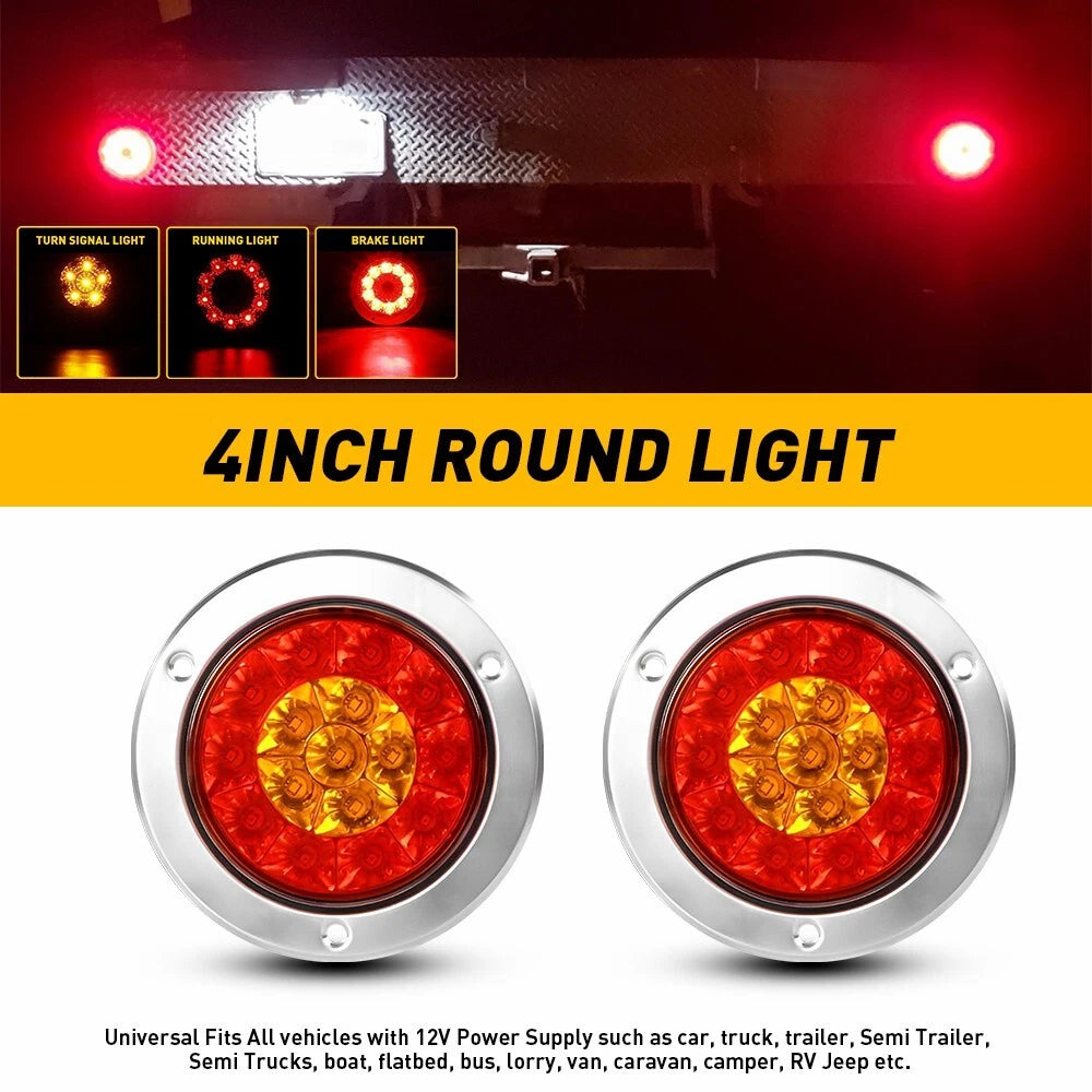 2x 4" Red/Amber Round 16 LED Truck Trailer Brake RV Stop Turn Signal Tail Lights 6B93BC-57
