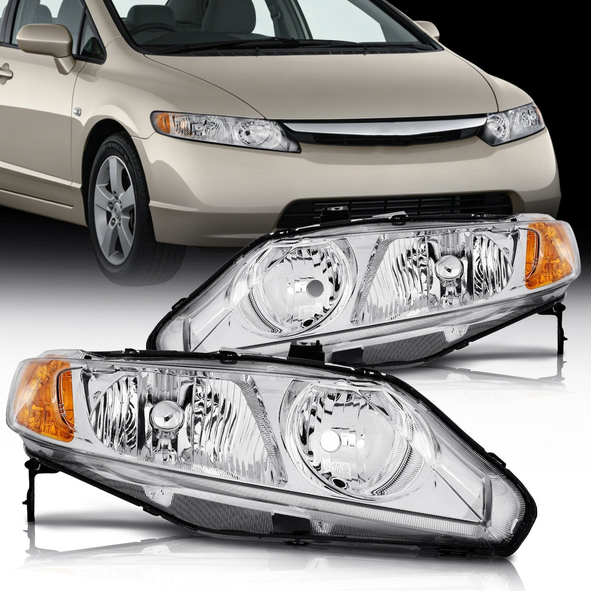 ECCPP Headlights Assembly For Honda Civic 1.3L 1.8L 2.0L 2006-2011 Pair Chrome 6B93BC-57