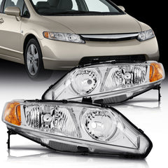 ECCPP Headlights Assembly For Honda Civic 1.3L 1.8L 2.0L 2006-2011 Pair Chrome 6B93BC-57