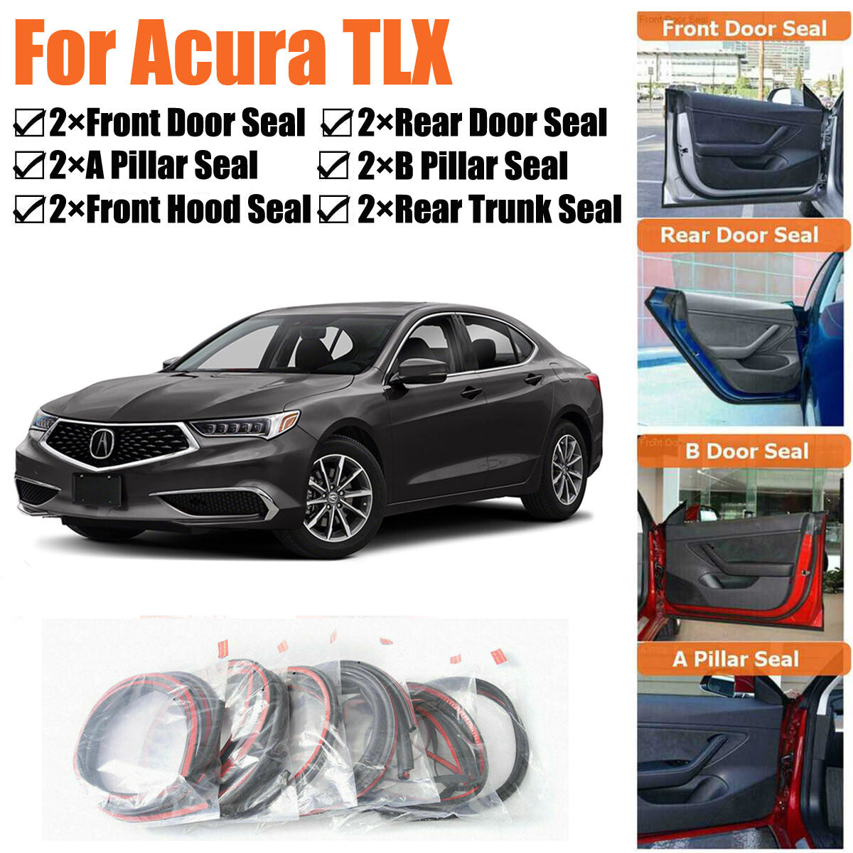 Door Rubber Seal Strips Weather Draft Wind Noise Reduction Kit For Acura TLX