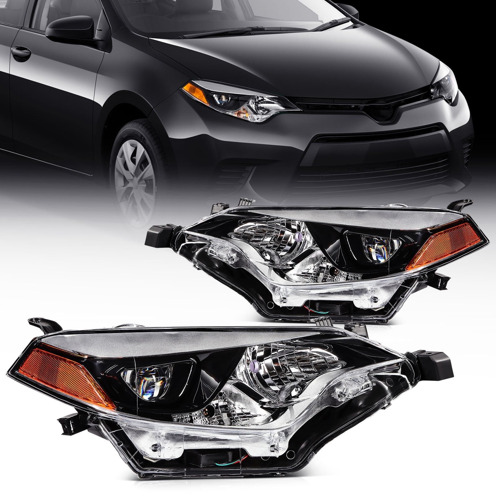 Pair Kit Headlights Assembly For 2014-2016 Toyota For Corolla 1.8L Black Amber 6B93BC-57