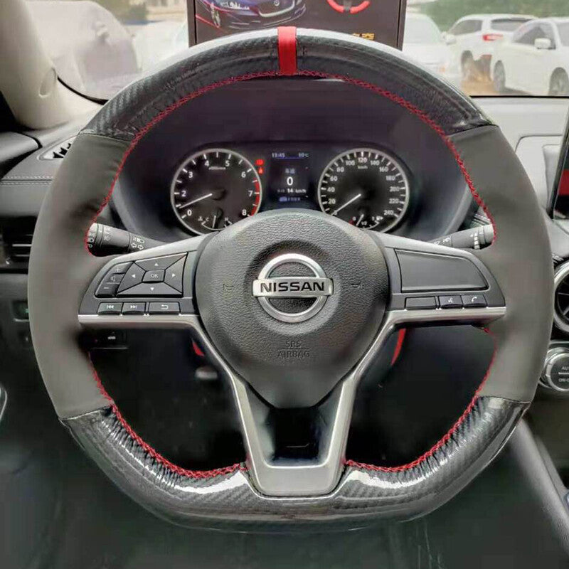 Carbon Fiber&Suede Leather Steering Wheel Hand Sewing Wrap Cover For Nissan Leaf