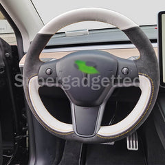 White&Black Leather Steering Wheel Yellow Stitch Wrap Cover For Tesla Model 3 Y