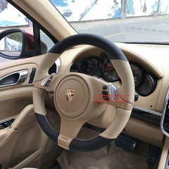 Black&Beige Leather Steering Wheel Hand-stitch on Cover For Porsche Panamera