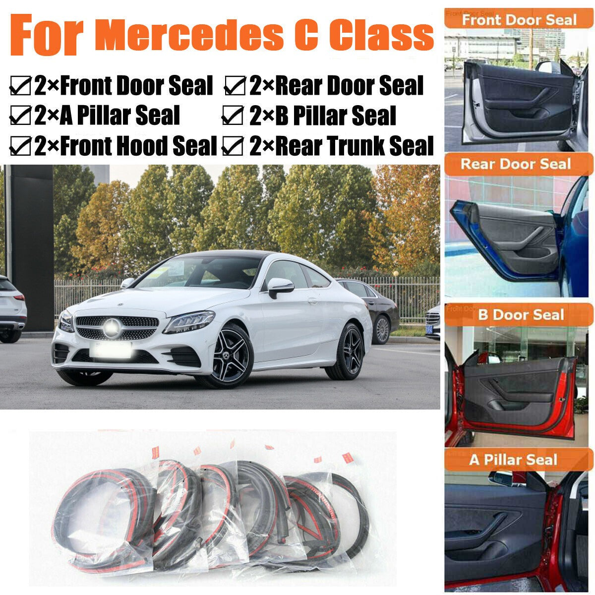 Door Rubber Seal Strips Weather Draft Noise Reduction Kit For Mercedes C Class