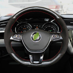 5D Carbon Fiber&Suede Leather Steering Wheel Hand-stitch on  Cover For VW Polo 6B93BC-57