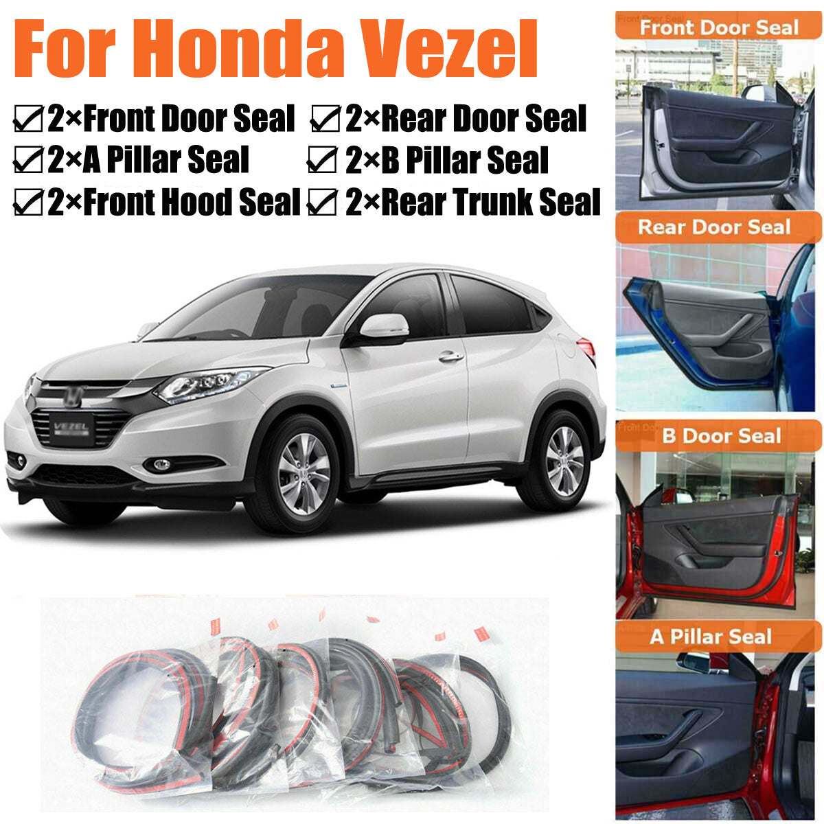 Door Rubber Seal Strips Weather Draft Wind Noise Reduction Kit For Honda Vezel