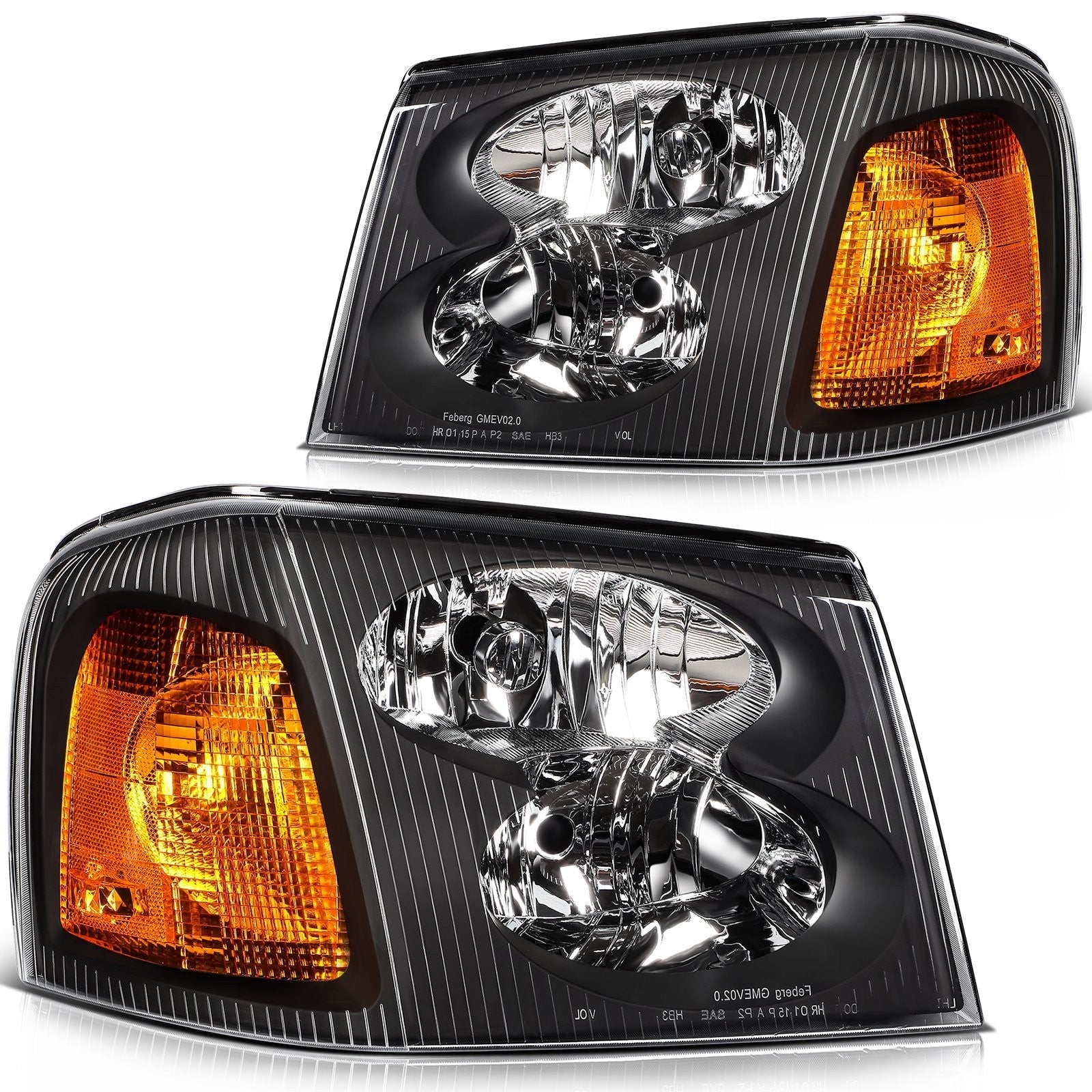 Pair Halogon Headlights Assembly For 2005-2009 GMC Envoy 4.2L 5.3L Black Amber 6B93BC-57