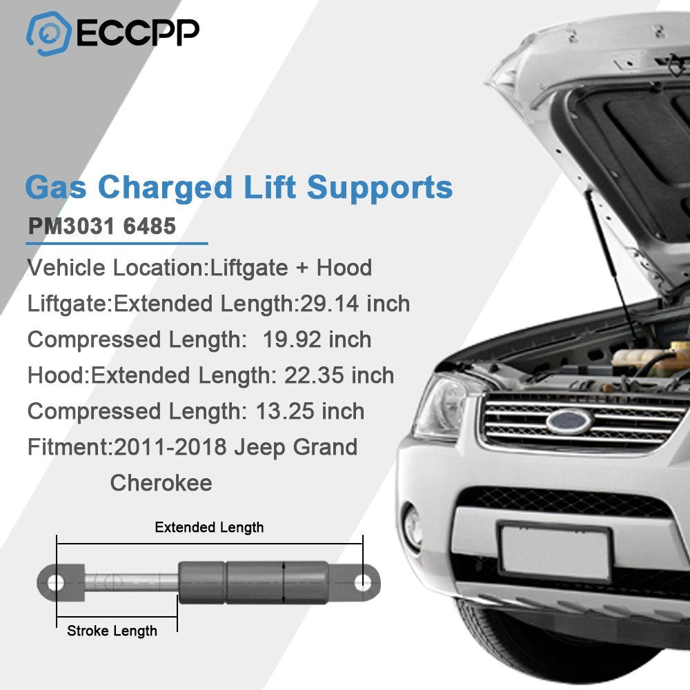 ECCPP 4x Tailgate+Hood Lift Supports For 2011-2018 Jeep Grand Cherokee W/O Power ECCPP