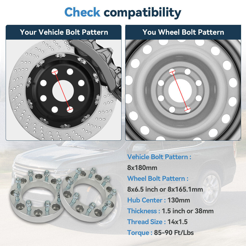 4Pcs 1.5" 8x180 to 8x6.5 Wheel Adapters 14x1.5 For Chevy 8x180 to 8x165.1 Wheels 6B93BC-57