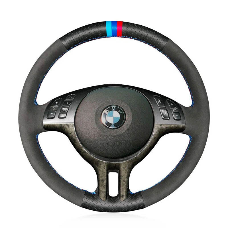 Hand-Sewing Black Suede & PU Leather Steering Wheel Covers Wrap For BMW E39 E46