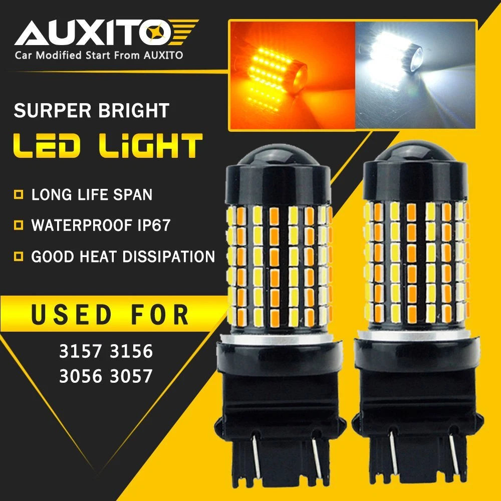 2x White/Amber 3157 4157 LED DRL Switchback Turn Signal Parking Light Bulbs 120H 6B93BC-57