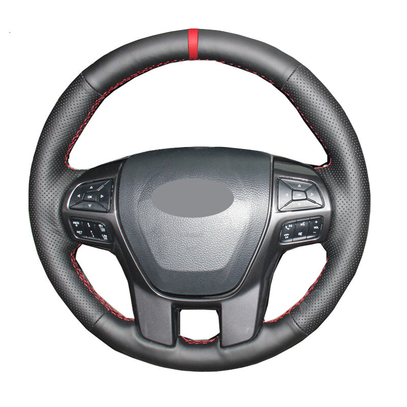 Black &Hole Leather Steering Wheel Red Stitch Wrap Cover For Ford Ranger 16-21