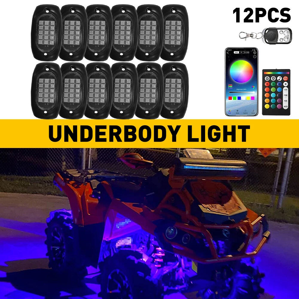 APP Control 10 Pods RGB LED Rock Light Bluetooth Kit Underbody Glow Neon Lights 6B93BC-57
