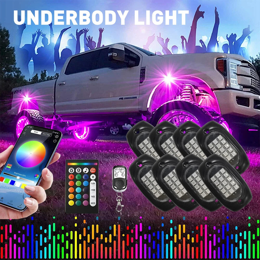 8x RGB LED Rock Light Kit For Off-Road Underglow Foot Wheel Well Light Truck ATV 6B93BC-57