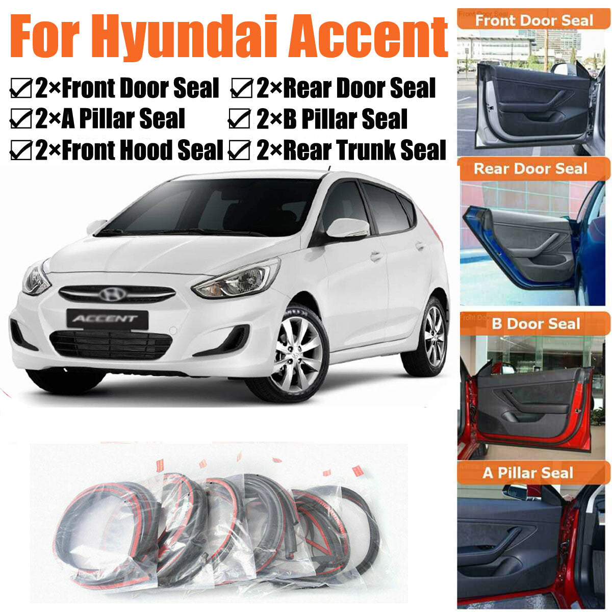 Door Rubber Seal Strips Weather Draft Noise Reduction Kit For Hyundai Accent