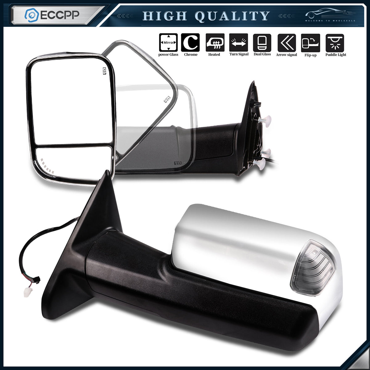 Chrome Tow Mirrors For 09-17 Dodge Ram 1500 Power Heated LED Signal Temp Sensor