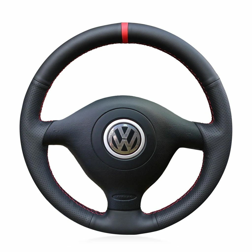 Black Leather Steering Wheel Hand-stitch on Wrap Cover For VW Golf 4 Polo B5